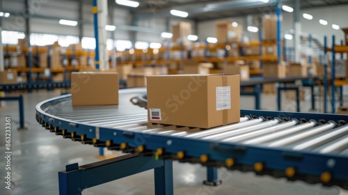 This image depicts a close-up of multiple cardboard box packages on a conveyor belt in a warehouse. The setting appears to be industrial and organized.