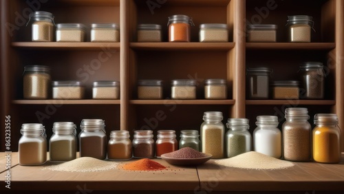Wallpaper Mural A sleek, modern kitchen counter showcasing a variety of flours in transparent glass jars, each labeled with their type. Torontodigital.ca
