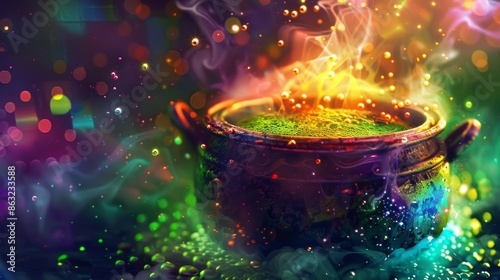 A cauldron filled with bubbling green potion, surrounded by magical smoke and glowing particles.