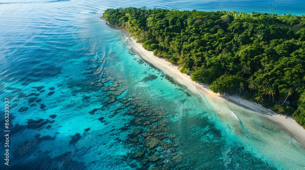 Obraz premium Paradise Found Aerial View of Tropical Island Oasis with Pristine Beaches Coral Reefs and Lush Greenery Perfect for Travel Brochures and Adventure Tourism Promotions