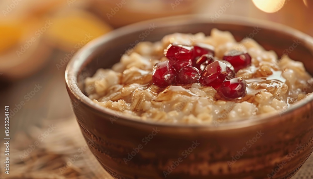 A close-up of a bowl of oatmeal topped with pomegranate seeds. A close-up of a bowl of oatmeal topped with pomegranate seeds.