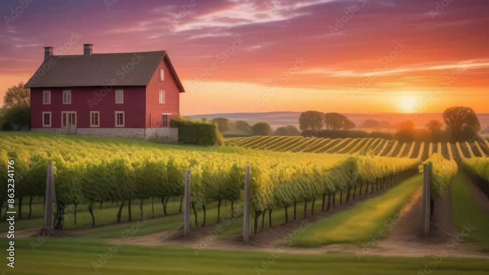 A lush vineyard at sunset, with rows of grapevines stretching towards the horizon under a vibrant orange and purple sky. A lush vineyard at sunset, with rows of grapevines stretching towards the horizon under a vibrant orange and purple sky.