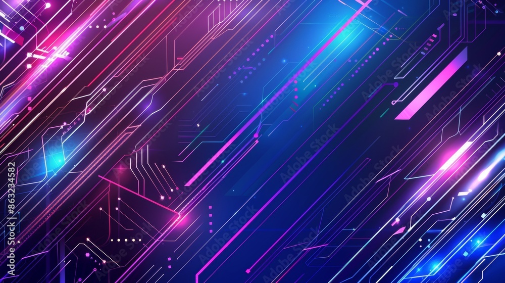Obraz premium Vibrant Data Flow Abstract Blue and Purple Technological Background with Geometric Patterns and Glowing Elements Perfect for Tech Presentations and Websites
