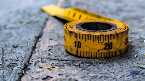 A close-up of a worn yellow tape measure on a textured surface. photo