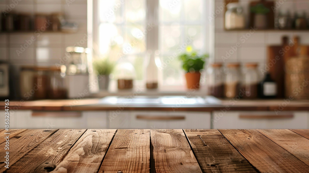 Wooden table top with copy space for product advertising over blurred background at home kitchen Wooden table top with copy space for product advertising over blurred background at home kitchen
