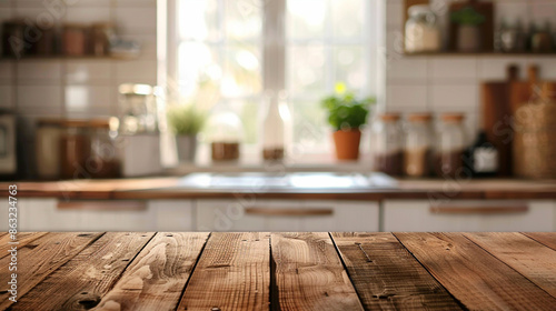 Wooden table top with copy space for product advertising over blurred background at home kitchen