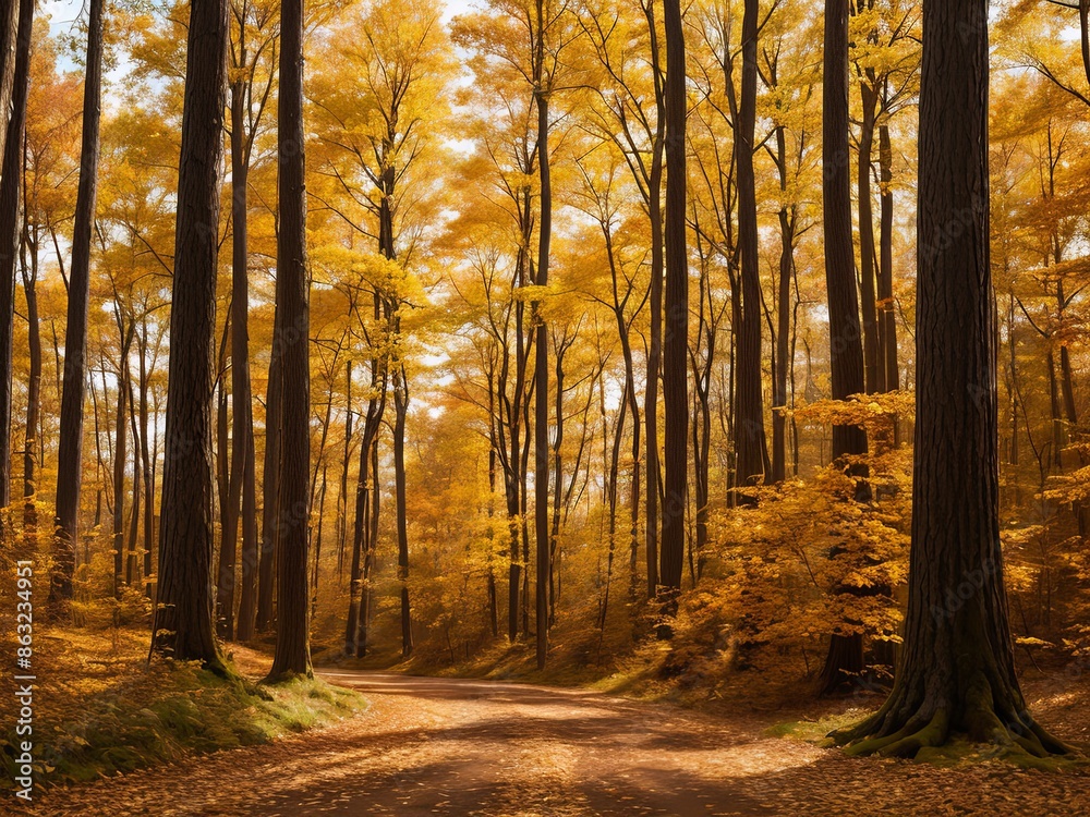 Naklejka premium Forest path surrounded by tall trees with golden autumn leaves