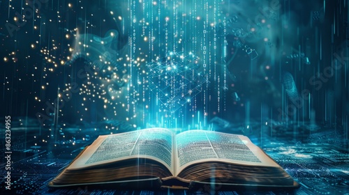 Digital Knowledge Nexus Illuminating the Future of Learning with Holographic Data Nodes and Glowing Binary Code on Open Book Futuristic and Magical Concept for Information Technology Design