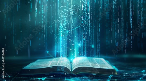 Digital Knowledge Nexus Illuminating the Future of Learning with Holographic Data Nodes and Glowing Binary Code on Open Book Futuristic and Magical Concept for Information Technology Design