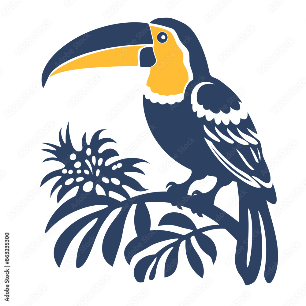 Obraz premium A colorful toucan bird perched on a branch with tropical leaves in the background