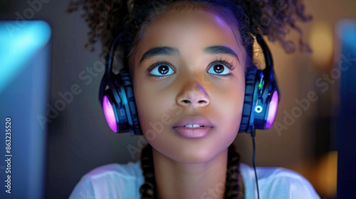 A young girl with curly hair wearing headphones is focused and playing video games in a dark, colorful setting.