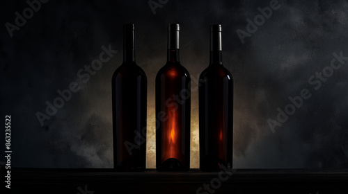 Three wine bottles in a row with a spotlight highlighting the label on a dark background. photo