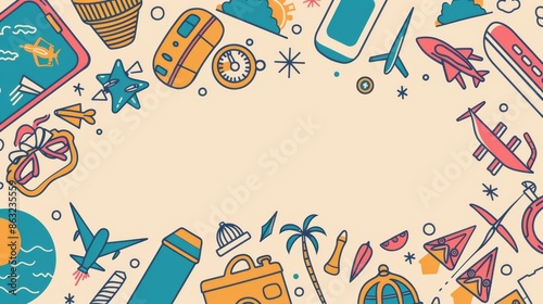 A colorful border of travel icons, including planes, luggage, and cameras, surrounds a blank space. Perfect for travel-themed projects.
