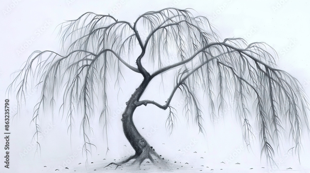 A tree drawing in winter, featuring snow on the ground and a few birds beneath it A tree drawing in winter, featuring snow on the ground and a few birds beneath it