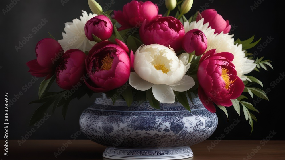 Obraz premium An elegant centerpiece featuring a variety of ornamental flowers such as peonies, lilies, and chrysanthemums, arranged in a classic porcelain vase with intricate designs.