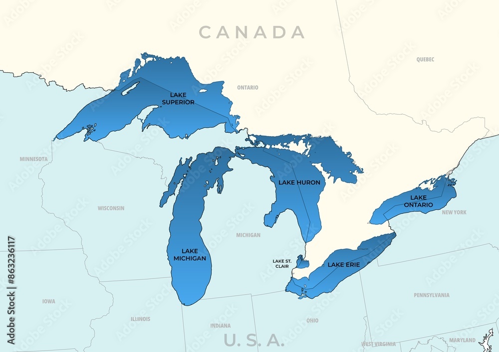 Great Lakes of North America, political map. Lake Superior, Michigan, Huron, Erie and Lake Ontario. A series of large interconnected freshwater lakes on or near the border of Canada and United States