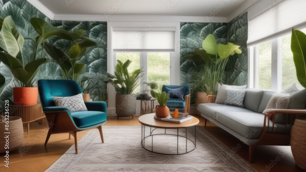 Fototapeta premium A vibrant, eclectic living space with a focus on large, leafy tropical plants.