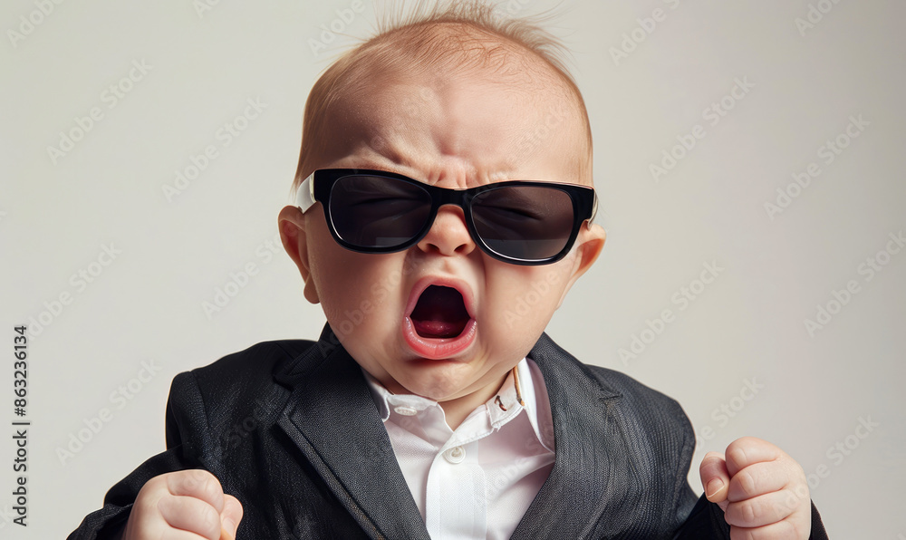 Angry young boy in formal attire and shades, isolated on white background Angry young boy in formal attire and shades, isolated on white background