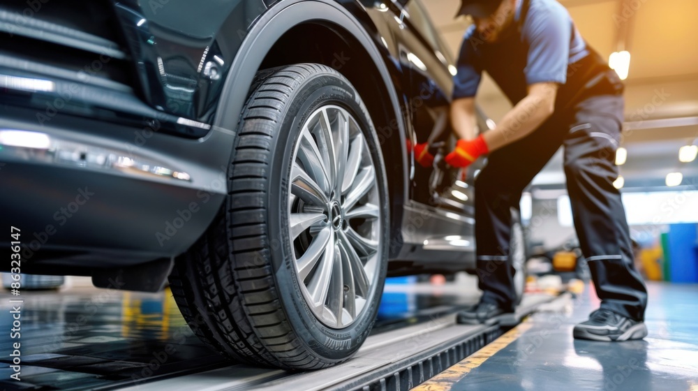 Car mechanics changing a tire at an auto repair shop garage, focusing on the wheel and mechanic's actions. Car mechanics changing a tire at an auto repair shop garage, focusing on the wheel and mechanic's actions.