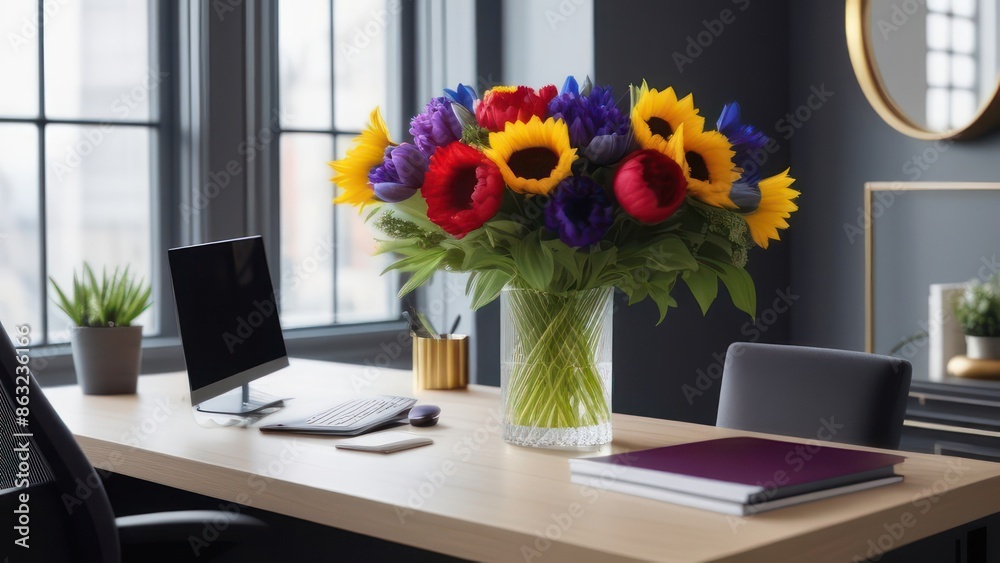 An image showcasing a cozy home office space, transformed by the use of vibrant floral arrangements. 