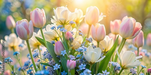 Soft focus pastel-hued flowers, including pale pink tulips, baby blue forget-me-nots, and creamy daffodils, bloom together in a serene and dreamy springtime arrangement.