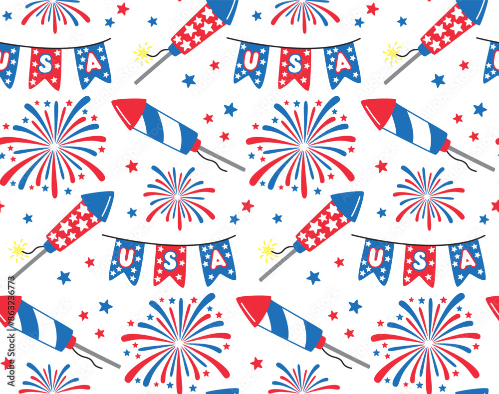 Obraz premium Seamless pattern with fireworks, banners and sparklers for Independence Day. Fourth of July vector background in flat style