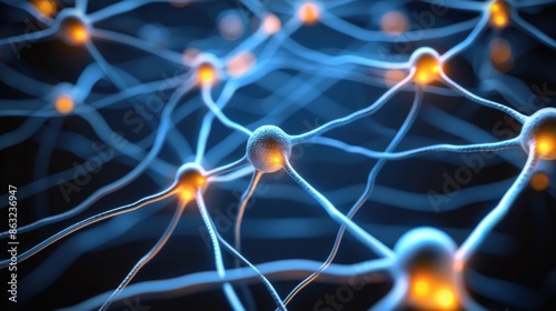 This is a conceptual illustration of neuron cells with glowing synapses, showcasing the intricate network and connections within the human brain in a digital, glowing style.