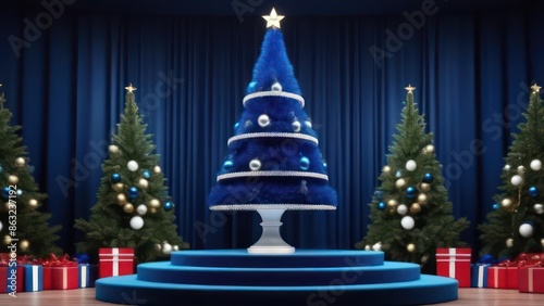Wallpaper Mural podium scene with blue textile cloth and Christmas decorations Torontodigital.ca