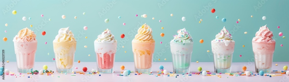 Colorful ice cream cones in a row with sprinkles against a pastel background, celebrating sweetness and summer vibes.