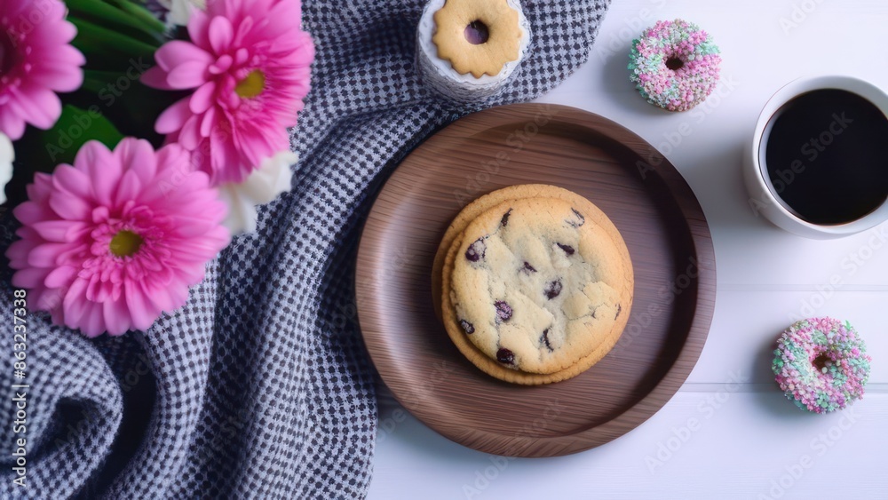 Obraz premium Table with wicker tray with gift box, flowers, cup of coffee, cookies.