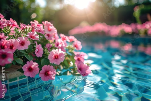 Orange Flowers Bloom Near Poolside Loungers At Sunset