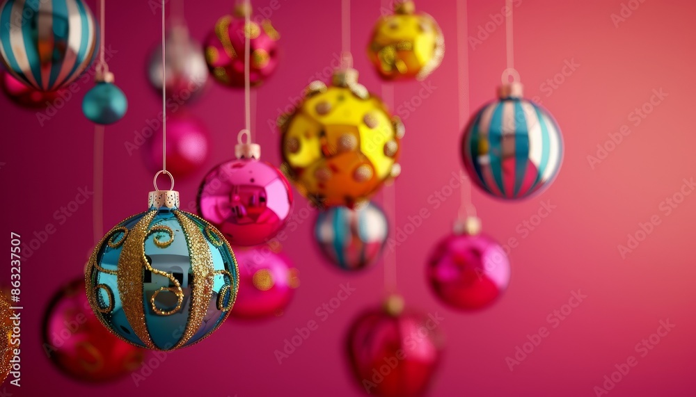 Fototapeta premium A festive collection of colorful Christmas ornaments hanging against a vibrant pink background.