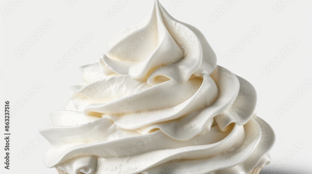 A close-up of a beautifully swirled dollop of whipped cream against a white background. A close-up of a beautifully swirled dollop of whipped cream against a white background.