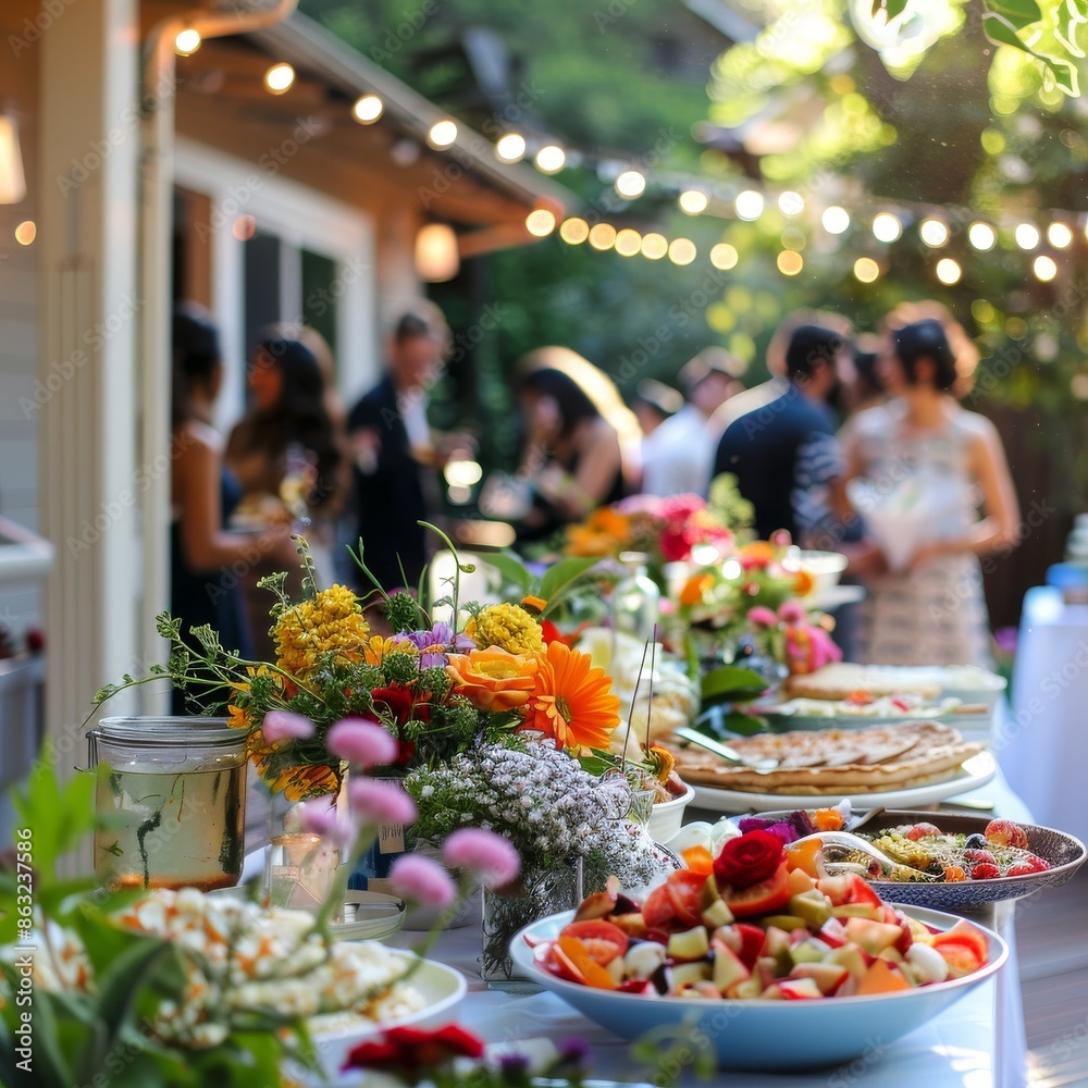 Fototapeta premium A festive outdoor party with a buffet table laden with delicious food and surrounded by guests. Flowers and string lights create a warm, inviting atmosphere.