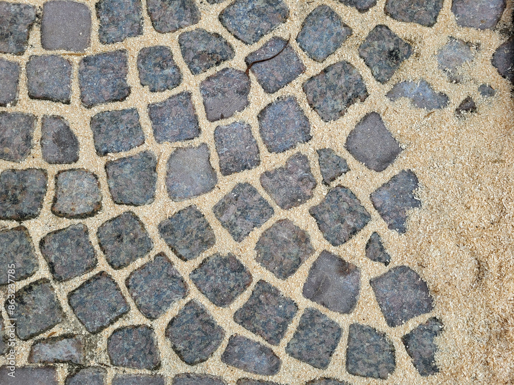 Wooden sawdust is scattered on the gray granite paving slabs Wooden sawdust is scattered on the gray granite paving slabs