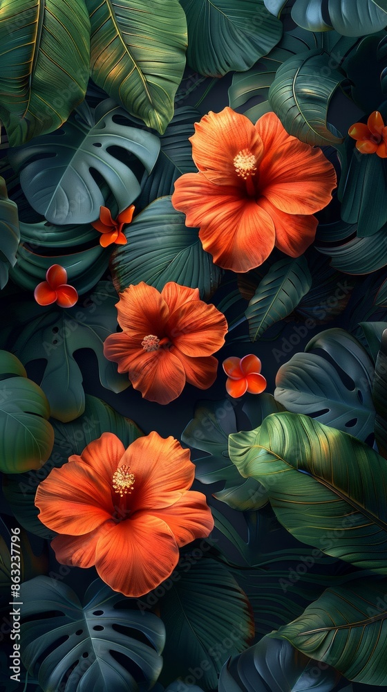 Tropical pattern with vibrant red hibiscus flowers and lush green leaves, perfect for summer-themed designs and textiles. Tropical pattern with vibrant red hibiscus flowers and lush green leaves, perfect for summer-themed designs and textiles.