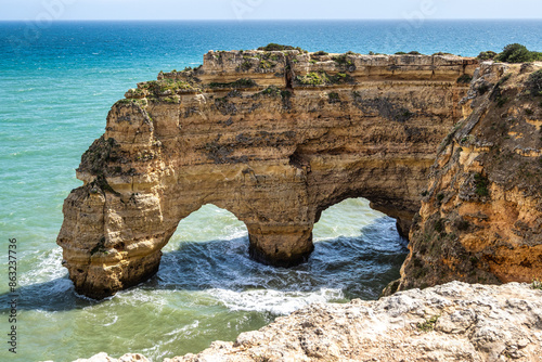 Praia da Marinha Beach among rock islets and cliffs seen from Seven Hanging Valleys Trail, Algarve, Portugal