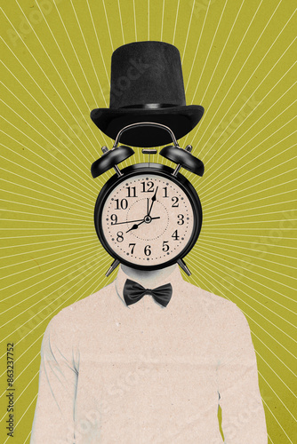 Sketch image composite trend artwork photo collage of huge clock show time instead head young man stand wear retro hat headless incognito photo