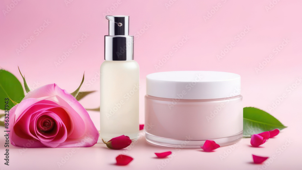 Set of natural cosmetics with rose buds and petal on light pink background. Set of natural cosmetics with rose buds and petal on light pink background.