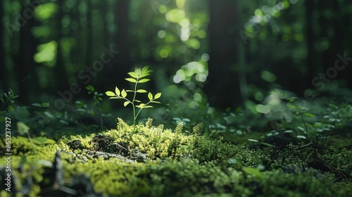 A small sapling grows in a lush, green forest, a symbol of eco-friendly energy and natural growth. The scene is bathed in soft sunlight, creating a cinematic and serene atmosphere.