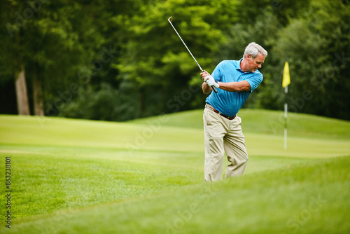 Mature man, happy and swing at golf course with sports for talent, retirement and training. Hobby, activity and smile in field or club for practice, fitness and exercise for health with fun on break
