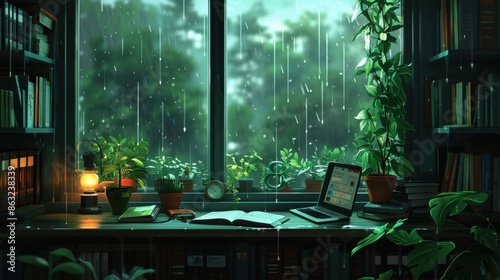 A cozy, empty interior with an open book and laptop on a desk by the window. Outside, it's raining. Surrounding the desk are bookshelves and lush green plants.