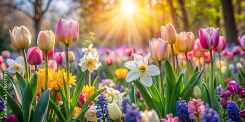 Soft focus pastel-colored flowers including tulips, daffodils, and hyacinths bloom in a lush spring garden surrounded by lush greenery and warm natural light.