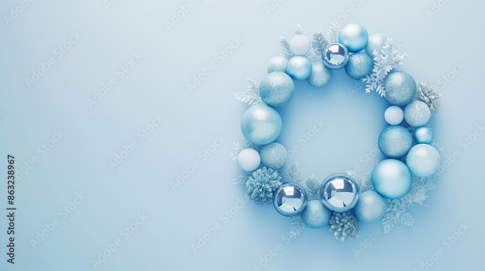 A minimalist Christmas wreath made of blue and silver baubles on a pastel blue background, embodying festive elegance. A minimalist Christmas wreath made of blue and silver baubles on a pastel blue background, embodying festive elegance.