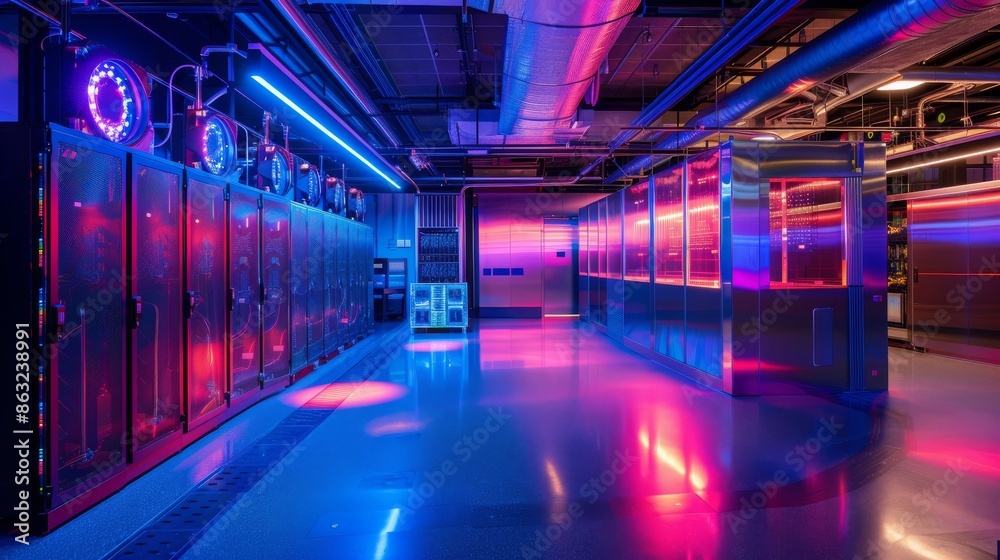 A futuristic server room with neon lights illuminating the rows of servers. The room is spacious and well-lit, giving a sense of advanced technology. A futuristic server room with neon lights illuminating the rows of servers. The room is spacious and well-lit, giving a sense of advanced technology.