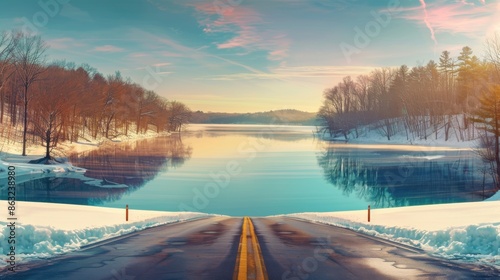 An empty road leads to a tranquil lake during sunset, surrounded by snow-covered trees and a serene winter landscape.