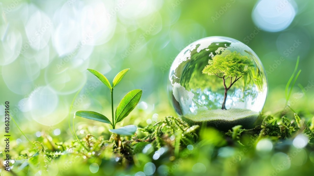A glass globe reflecting a tree and a small sapling growing in a bed of green moss. The photo symbolizes nature, growth and sustainability. A glass globe reflecting a tree and a small sapling growing in a bed of green moss. The photo symbolizes nature, growth and sustainability.