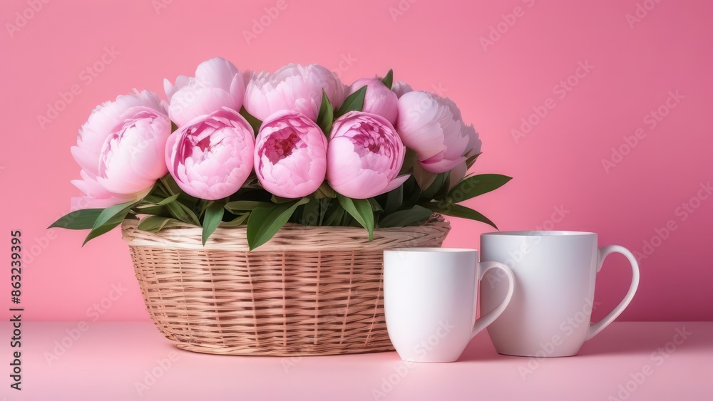 Obraz premium Flower basket with peonies, gift box and coffee mug on pastel pink background. Happy Mothers Day, International Women's Day, female birthday concept