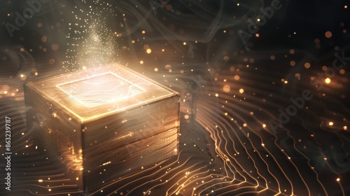 A glowing golden box sits on a circuit board, surrounded by light and energy.  The box emits a warm glow, symbolizing power and potential. photo