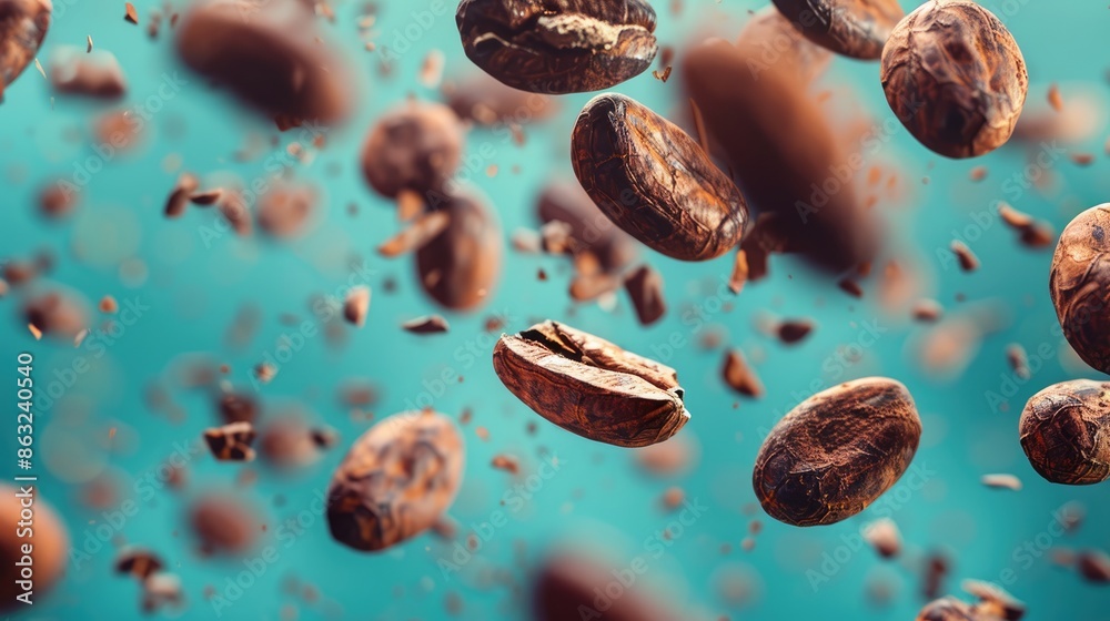 cocoa beans in freeze flying in air against blue petrol background, used to make cocoa and chocolate